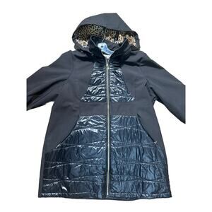 Via Spiga Women's Jet Black Hooded Inner Cheetah Mixed-Media Raincoat Size 3XL